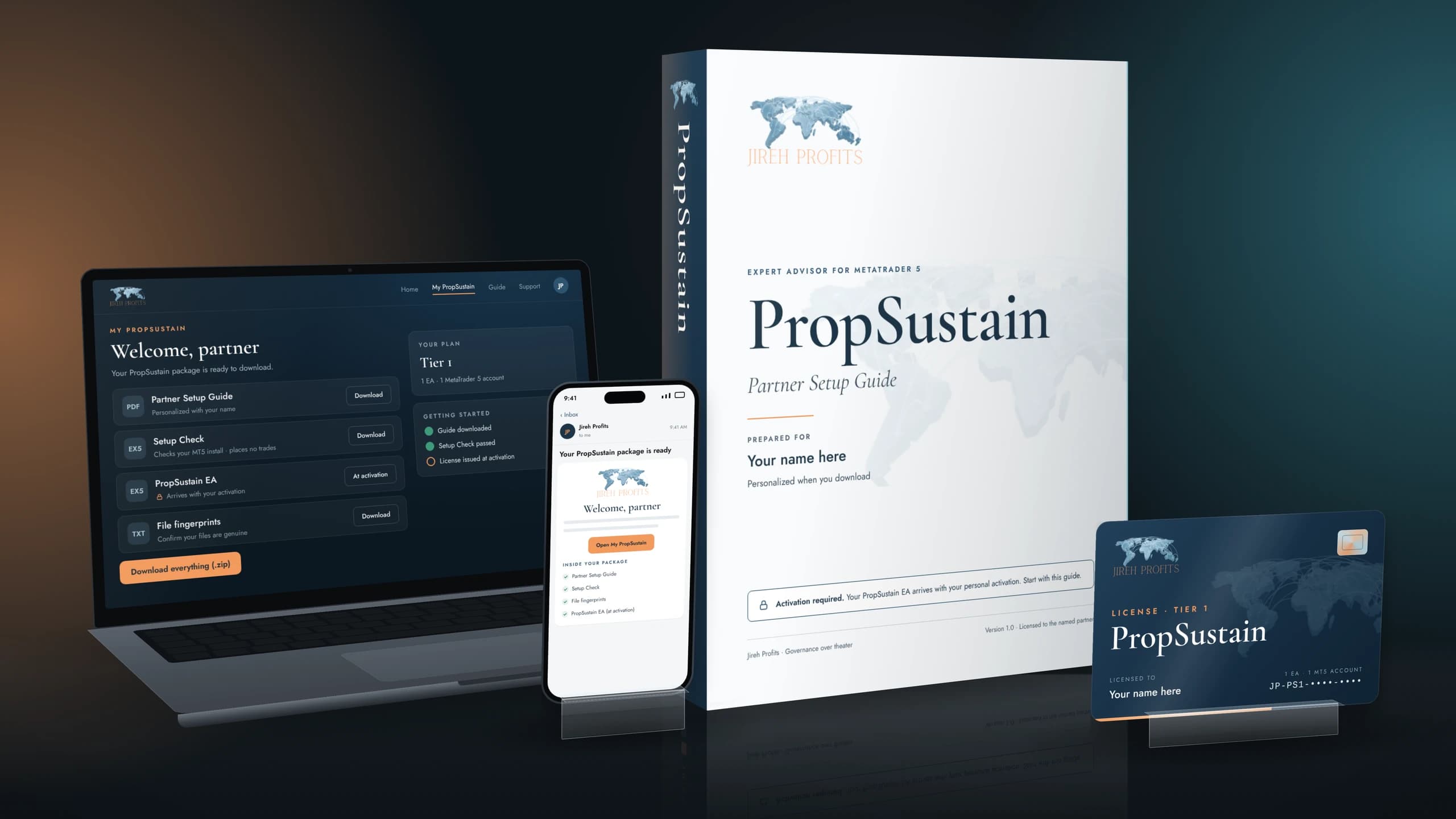 The PropSustain partner package: My PropSustain on a laptop and a phone, the Partner Setup Guide, and a license card